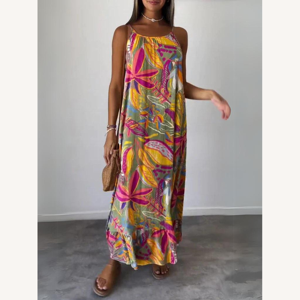 Robe Longue Femme Imprimée Sans Manches en Bleu – Élégance Estivale et Confort