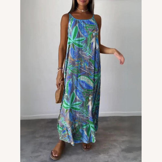 Women's Printed Sleeveless Long Dress in Blue – Summer Elegance and Comfort