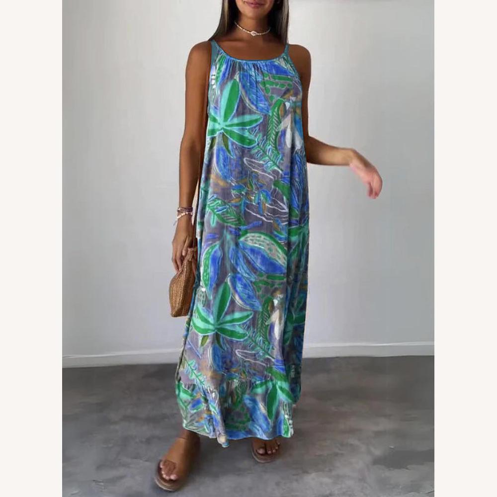 Robe Longue Femme Imprimée Sans Manches en Bleu – Élégance Estivale et Confort