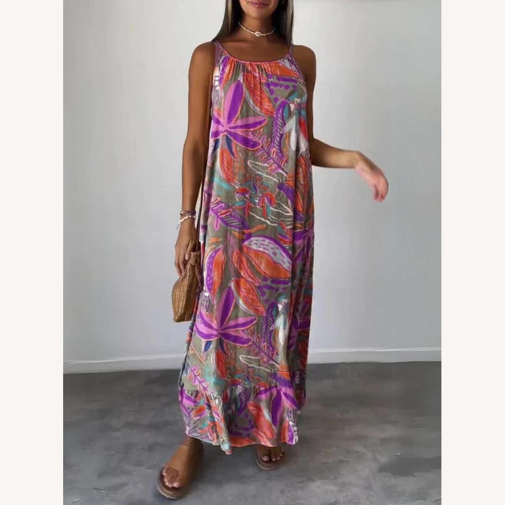 Robe Longue Femme Imprimée Sans Manches en Bleu – Élégance Estivale et Confort