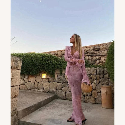 Long Lace Dress for Women with V-Neck and Long Sleeves – Elegant for Summer Evenings and Events