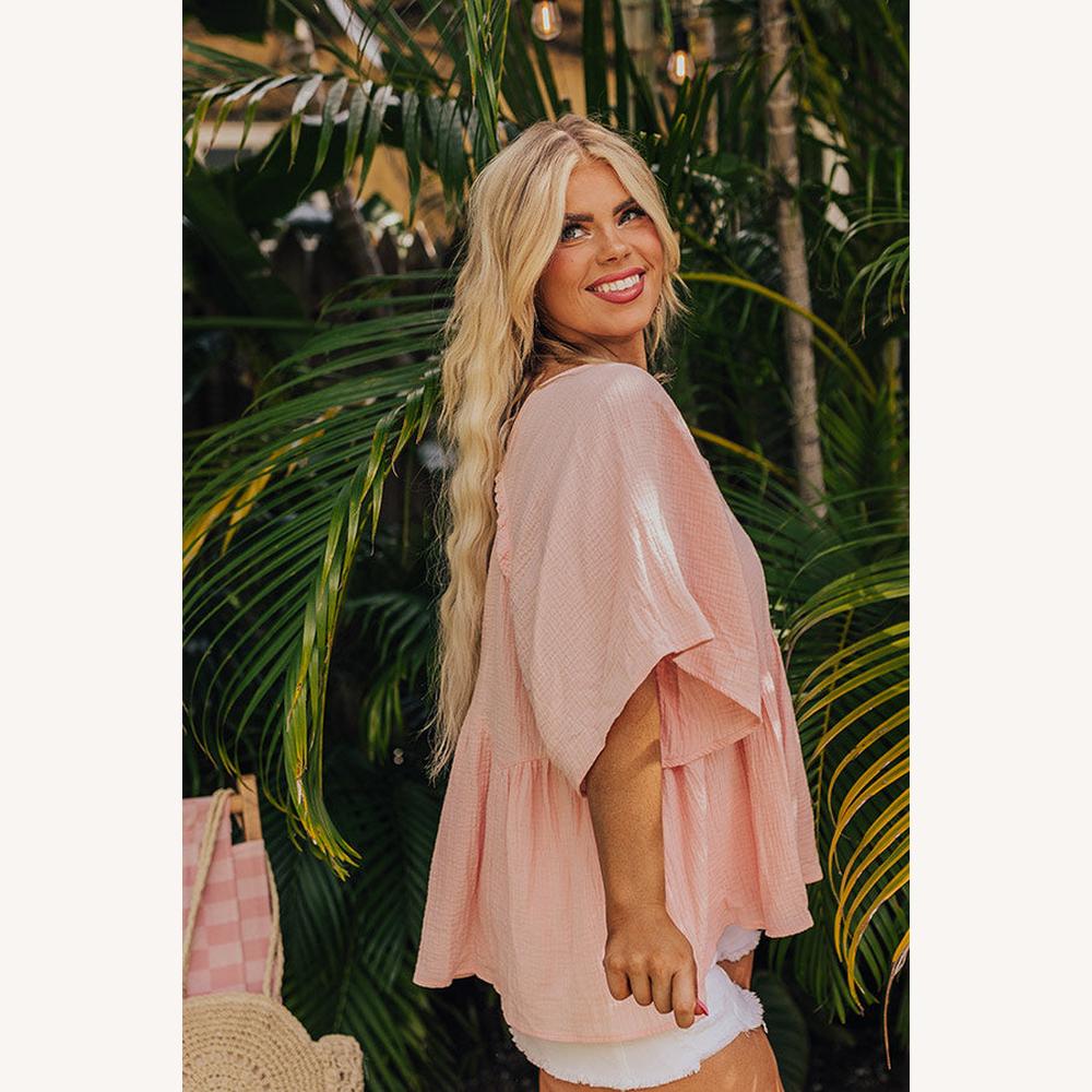 Women's Oversize Blouse in Apricot Pink Gauze – Light and Flowing, Short Sleeves, 100% Cotton