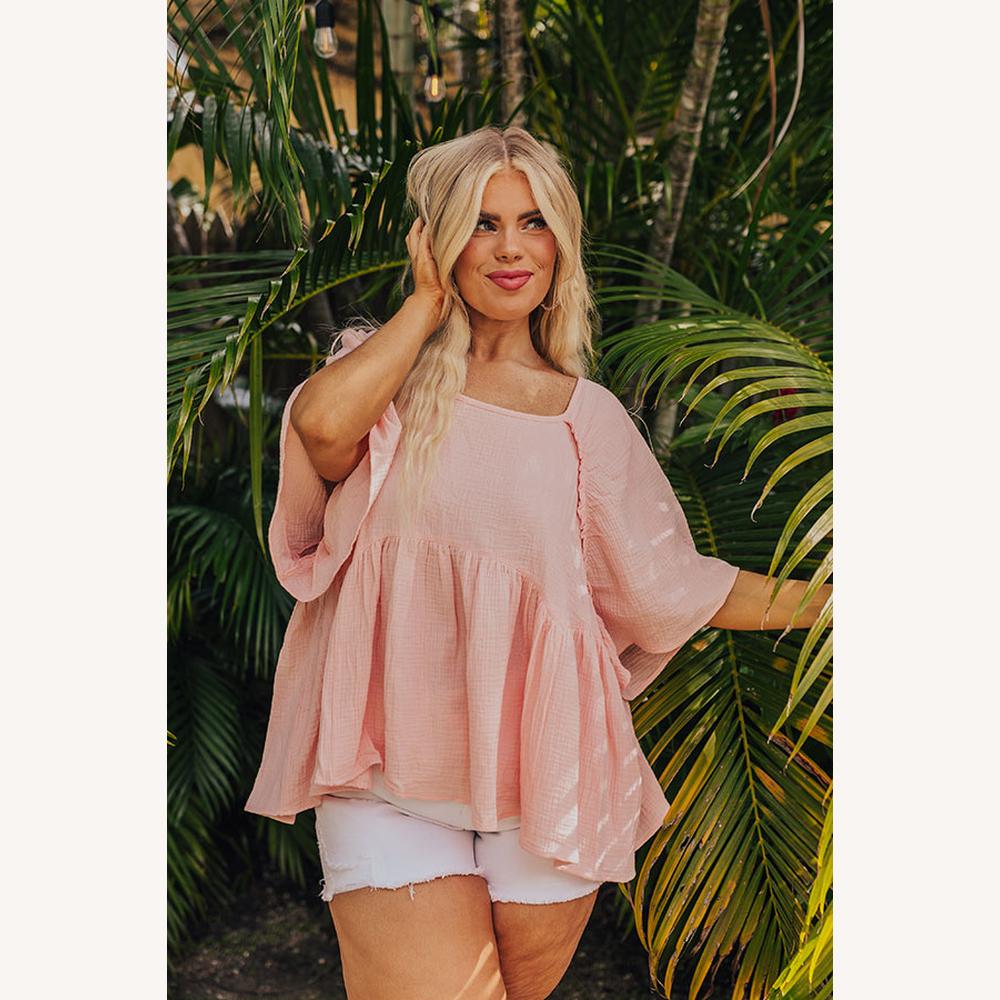 Women's Oversize Blouse in Apricot Pink Gauze – Light and Flowing, Short Sleeves, 100% Cotton