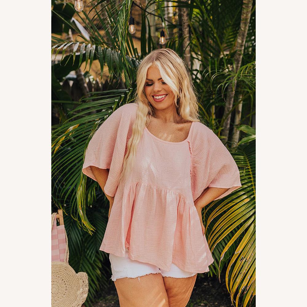 Women's Oversize Blouse in Apricot Pink Gauze – Light and Flowing, Short Sleeves, 100% Cotton