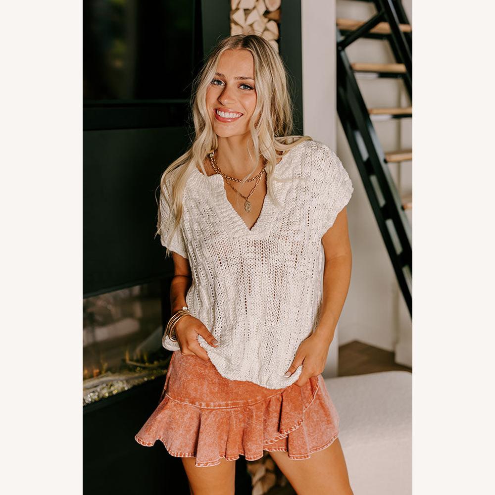 Haut Femme en Maille Ouverte Col V Léger et Ample – Pull Beige Texturé pour la Mi-Saison