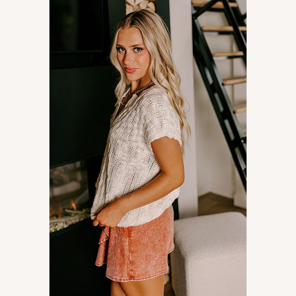 Women's Open Knit Top V-Neck Light and Loose – Textured Beige Sweater for Mid-Season