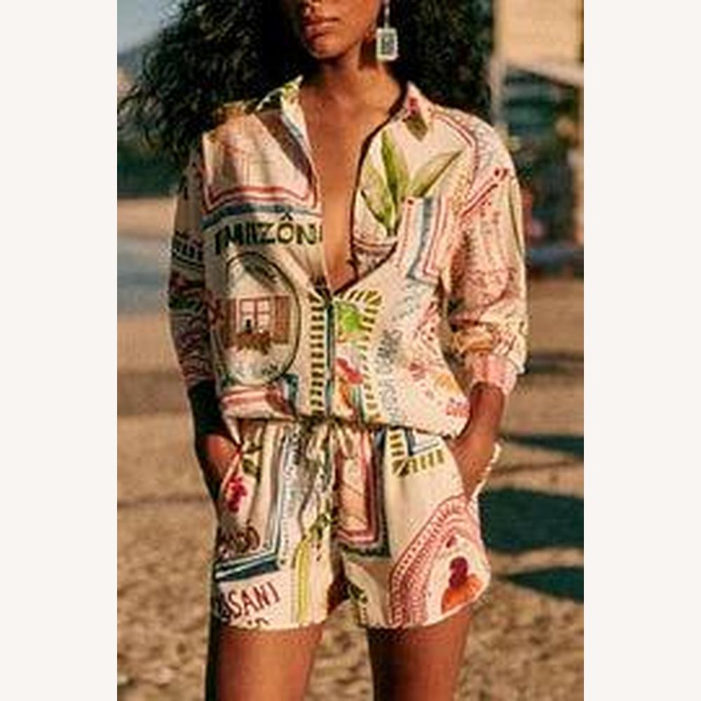 Chemise Femme Oversize Imprimée en Lin et Coton, Motifs Rétro Multicolores - Style Décontracté pour Été