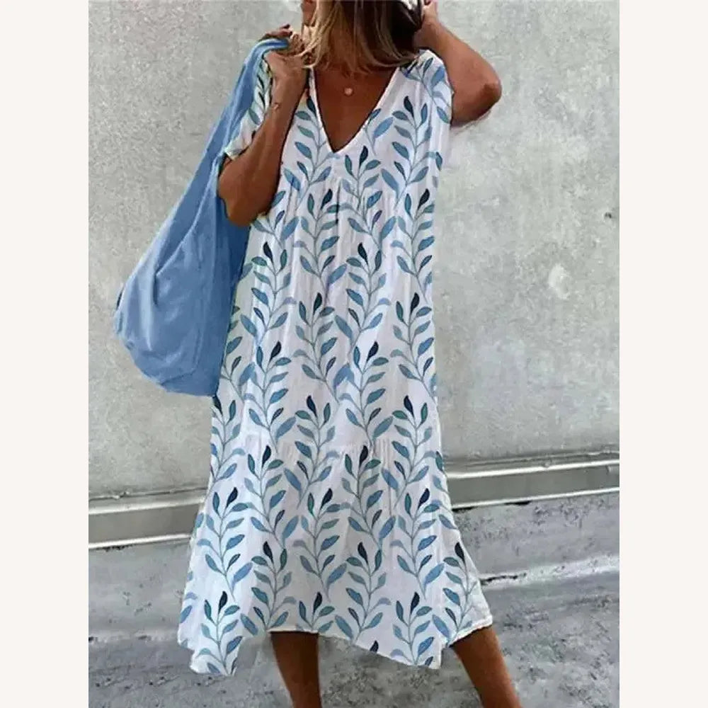 Women's Boho Floral Print Beach Dress, V-Neck and Short Sleeves – Lightweight and Comfortable Dress for Summer