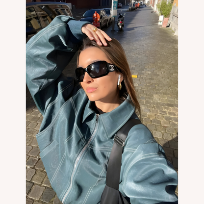 Women's Oversized Bomber Jacket Red Size M Vegan Faux Leather