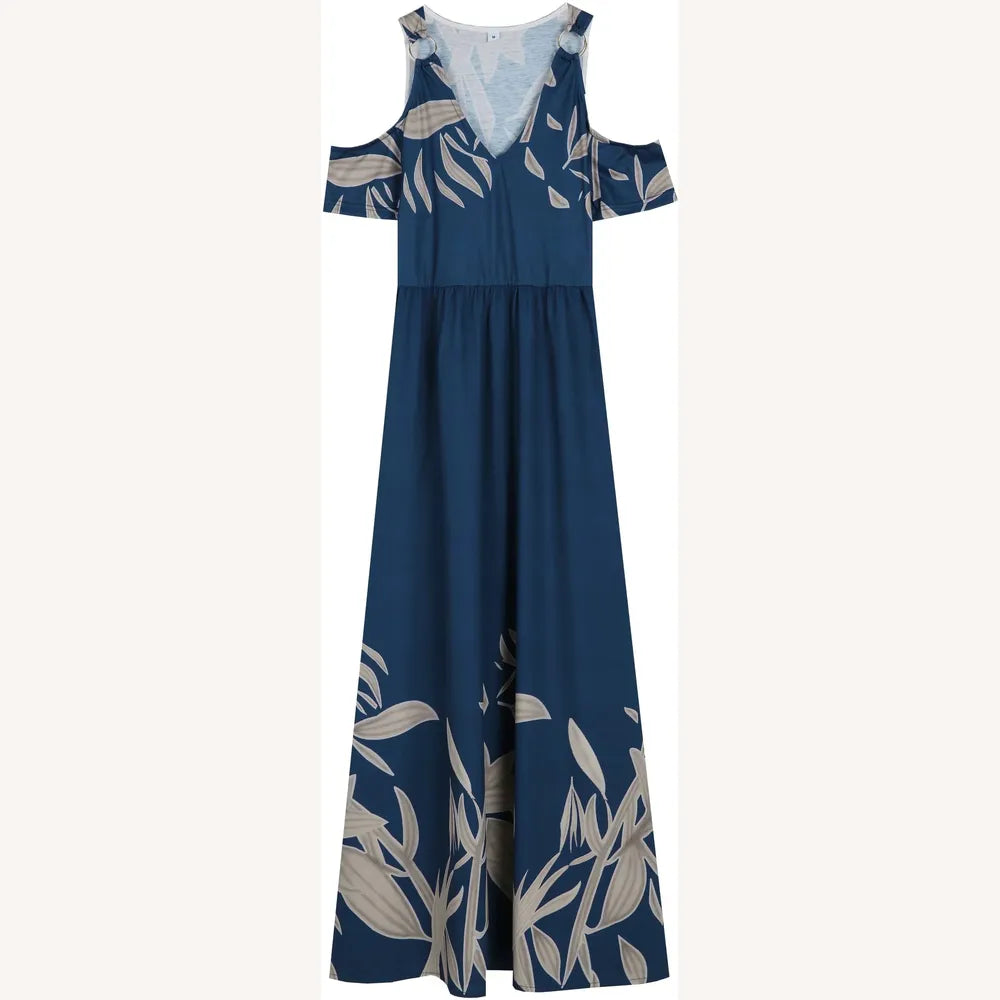 Long Pleated Women's Dress Cobalt Blue with V-Neck and Cold Shoulders - Casual Elegance