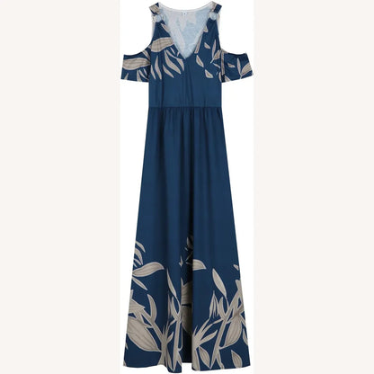 Long Pleated Women's Dress Cobalt Blue with V-Neck and Cold Shoulders - Casual Elegance