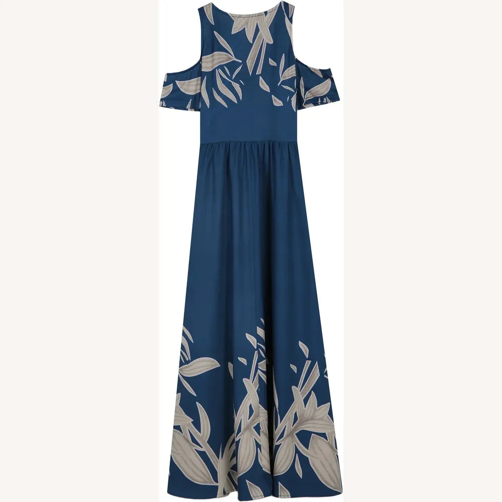 Long Pleated Women's Dress Cobalt Blue with V-Neck and Cold Shoulders - Casual Elegance