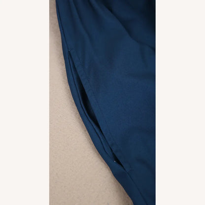 Long Pleated Women's Dress Cobalt Blue with V-Neck and Cold Shoulders - Casual Elegance