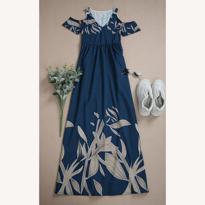 Long Pleated Women's Dress Cobalt Blue with V-Neck and Cold Shoulders - Casual Elegance