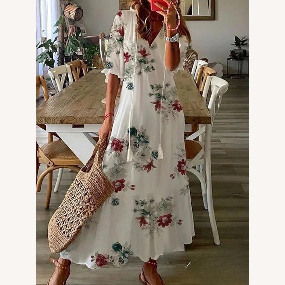 Robe Longue Femme Bohème Colorée avec Encolure en V et Manches Moyennes – Élégance pour Soirées et Occasions Spéciales