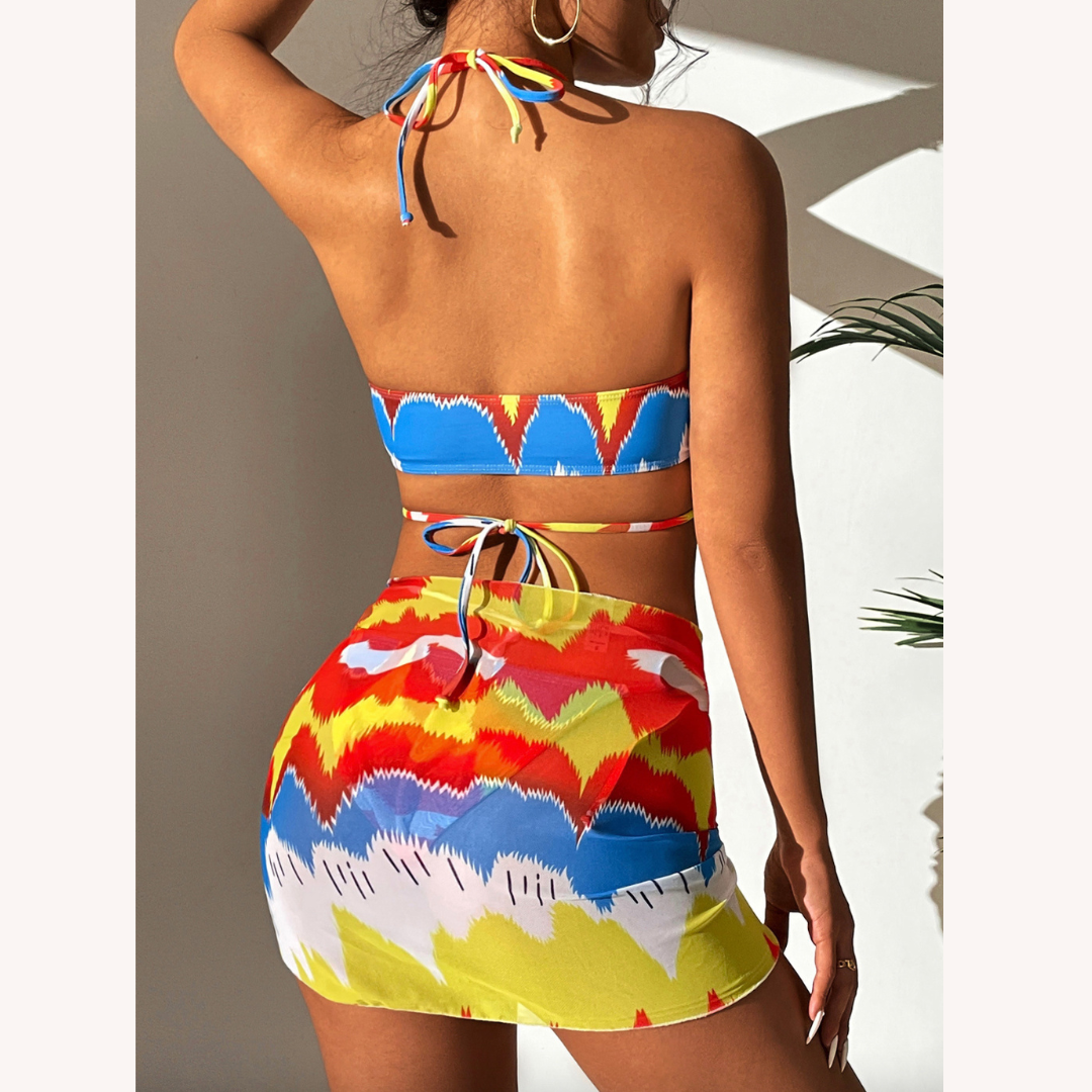 Women's Colorful Three-Piece Swimsuit Set with Bikini Top and Matching Bottom – Boho Summer Style