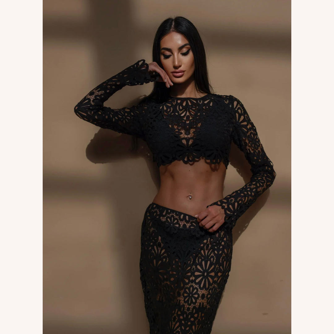 White Crochet Lace Set for Women – Long Sleeve Crop Top and Boho Chic Maxi Skirt