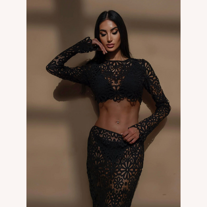 White Crochet Lace Set for Women – Long Sleeve Crop Top and Boho Chic Maxi Skirt