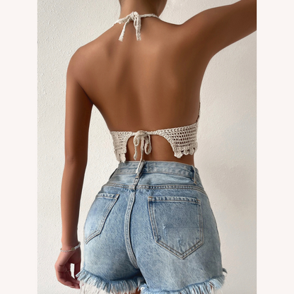 Boho Chic Summer Crochet Top for Women with Open Back – Lightweight Top with Straps and Removable Support, Ideal for Sunny Days