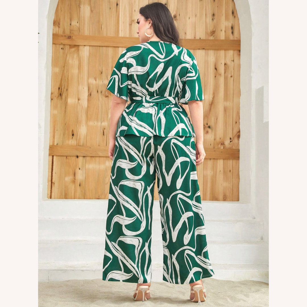 Women's Two-Piece Set Abstract Green Print – Fitted Top and Wide Leg Pants Plus Size, Comfort and Elegance