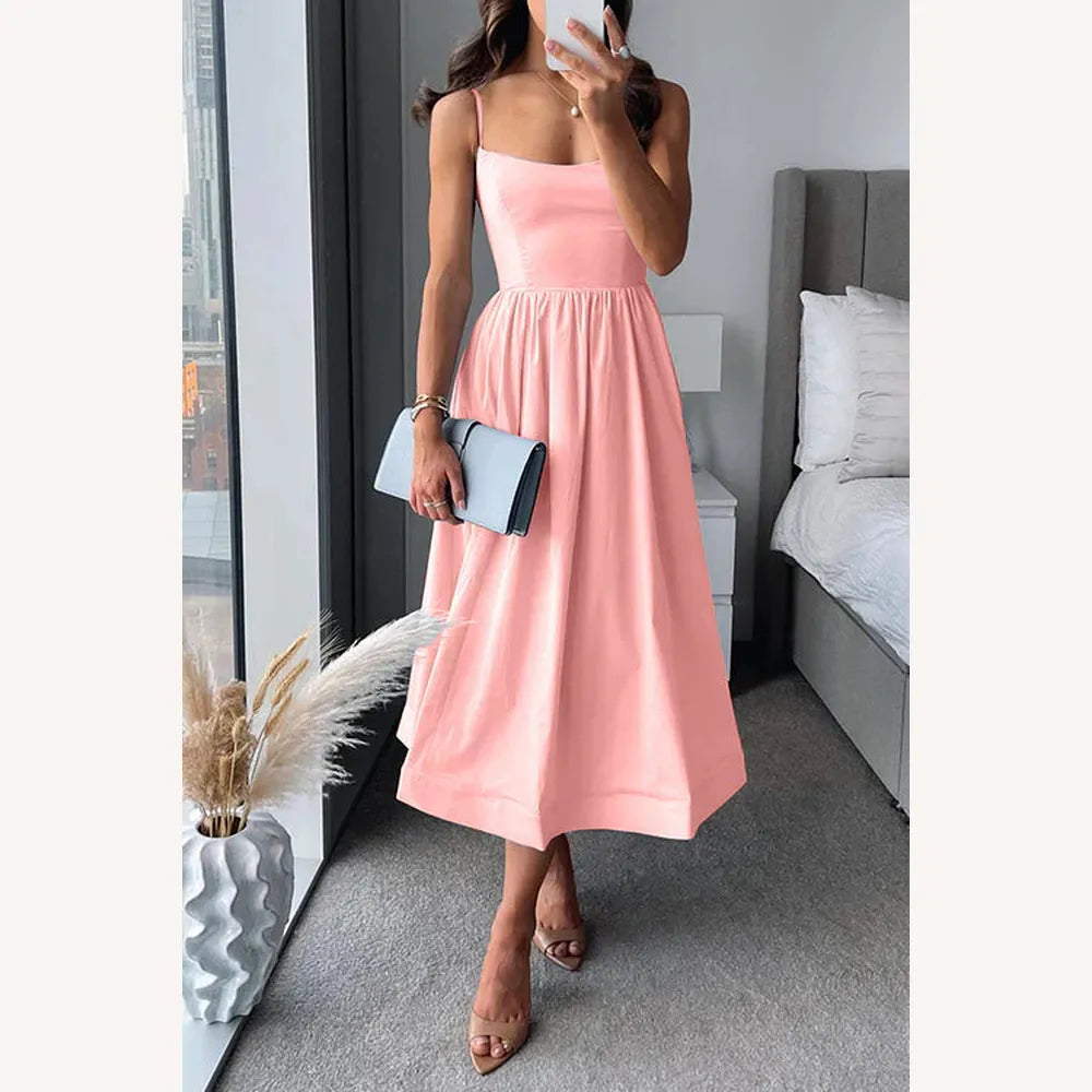 Robe Femme Midi Cintrée à Bretelles Spaghetti – Élégante et Confortable en Polyester