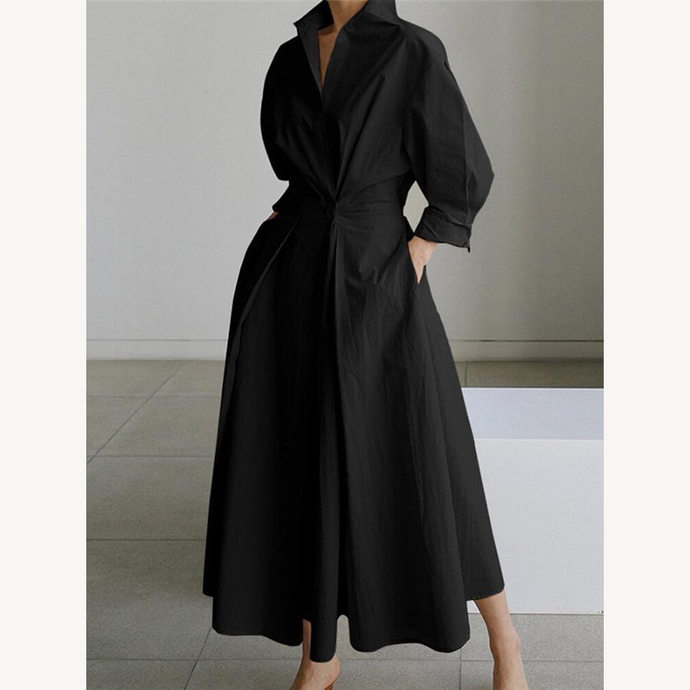 Robe Longue Femme Élégante Noire d'Été avec Poches et Manches Longues – Tissu Léger et Confortable