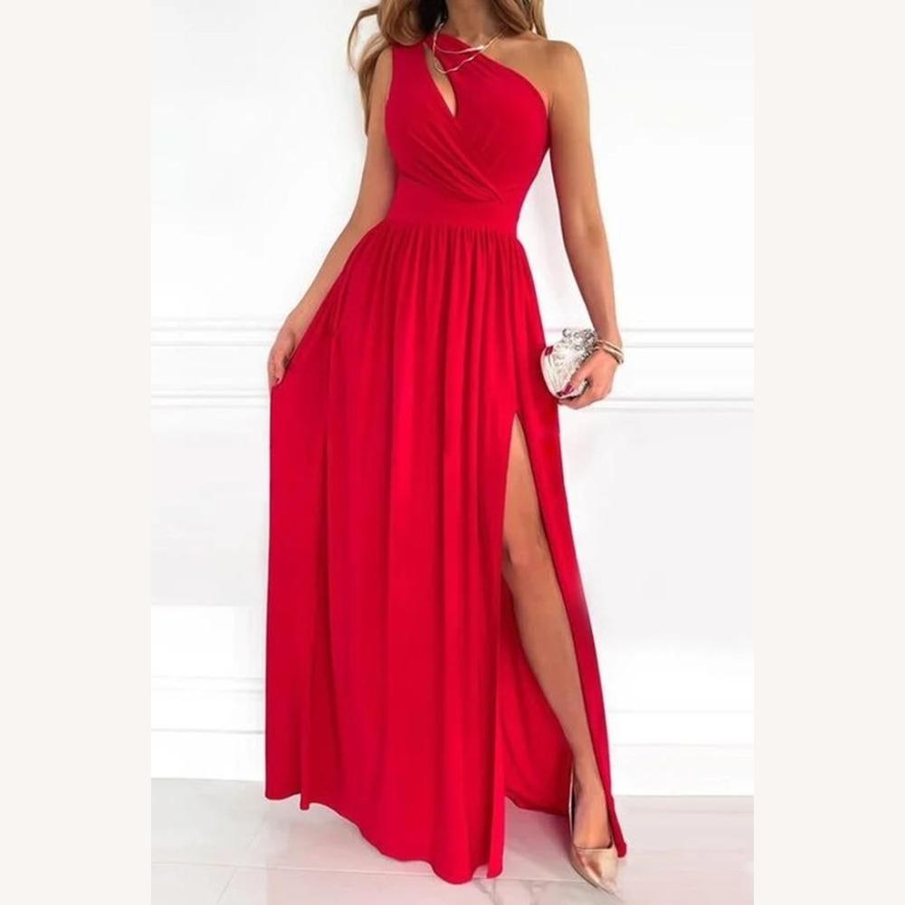 Chic Long Evening Dress with One Shoulder in Luxurious Fabric for Women - Fluid and Elegant Silhouette