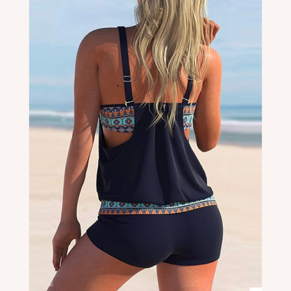 Modern Two-Tone Women's Tankini with Floral Pattern and Leopard Print – Comfortable and Elegant Swimsuit