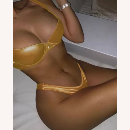 Women's Bikini in Metallic Synthetic Leather - Boho Chic Swimsuit for Beach and Pool