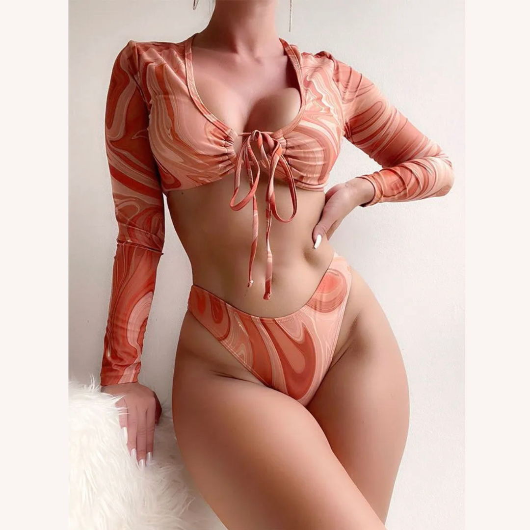 Long Sleeve Printed Tied Swirl Beach Bikini for Women – Chic Two-Piece Boho Swimsuit