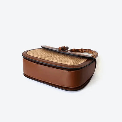 Women's Woven Straw Handbag with Bamboo Handle – Elegant and Practical Brown Shoulder Bag