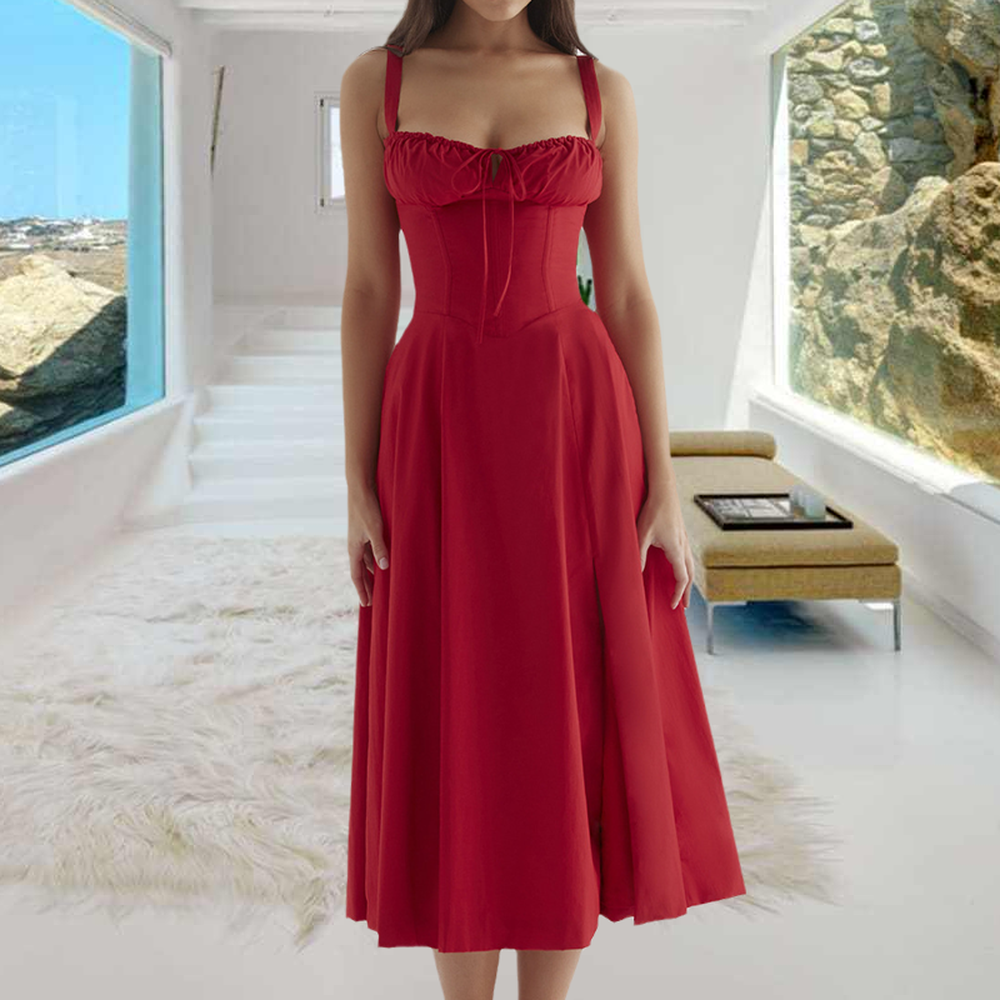 Robe d'Été Femme Chic avec Détails Corset et Fente Latérale - Imprimé Coloré, Polyester Doux
