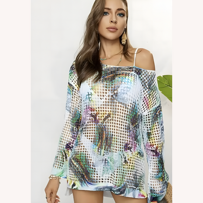 Colored Mesh Beach Cover-Up – Lightweight and Airy Cover for Women, Long Sleeves, Scoop Neck, Mini