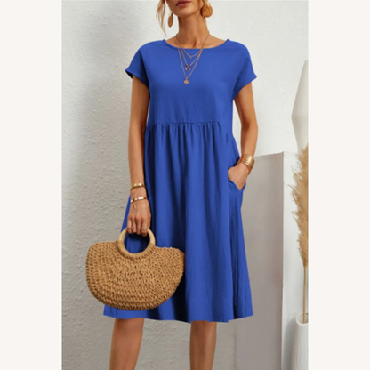 Women's Casual Short Sleeve Solid Patchwork Dress – Elegant A-line Silhouette in Cotton