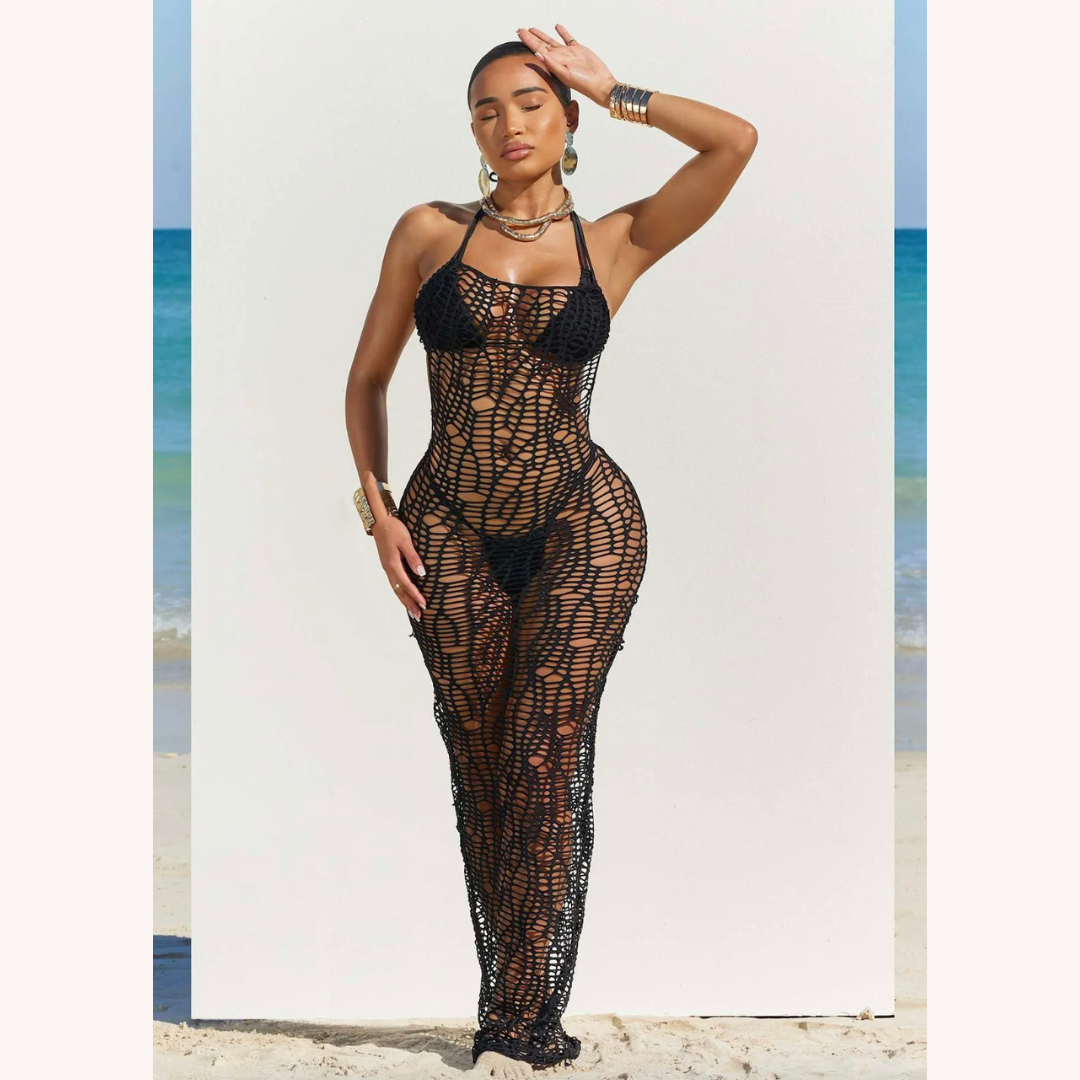 Elegant Long Women's Crochet Maxi Dress for Summer – Fitted Silhouette, Ideal for Beach and Evenings