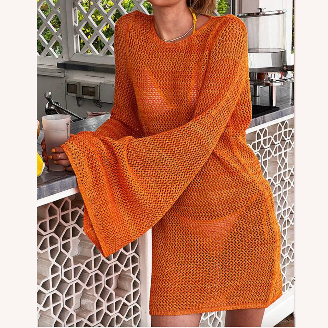 Women's Backless Beach Dress in Polyester Jersey with Wing Sleeves – Boho Elegance for Beach Outfit