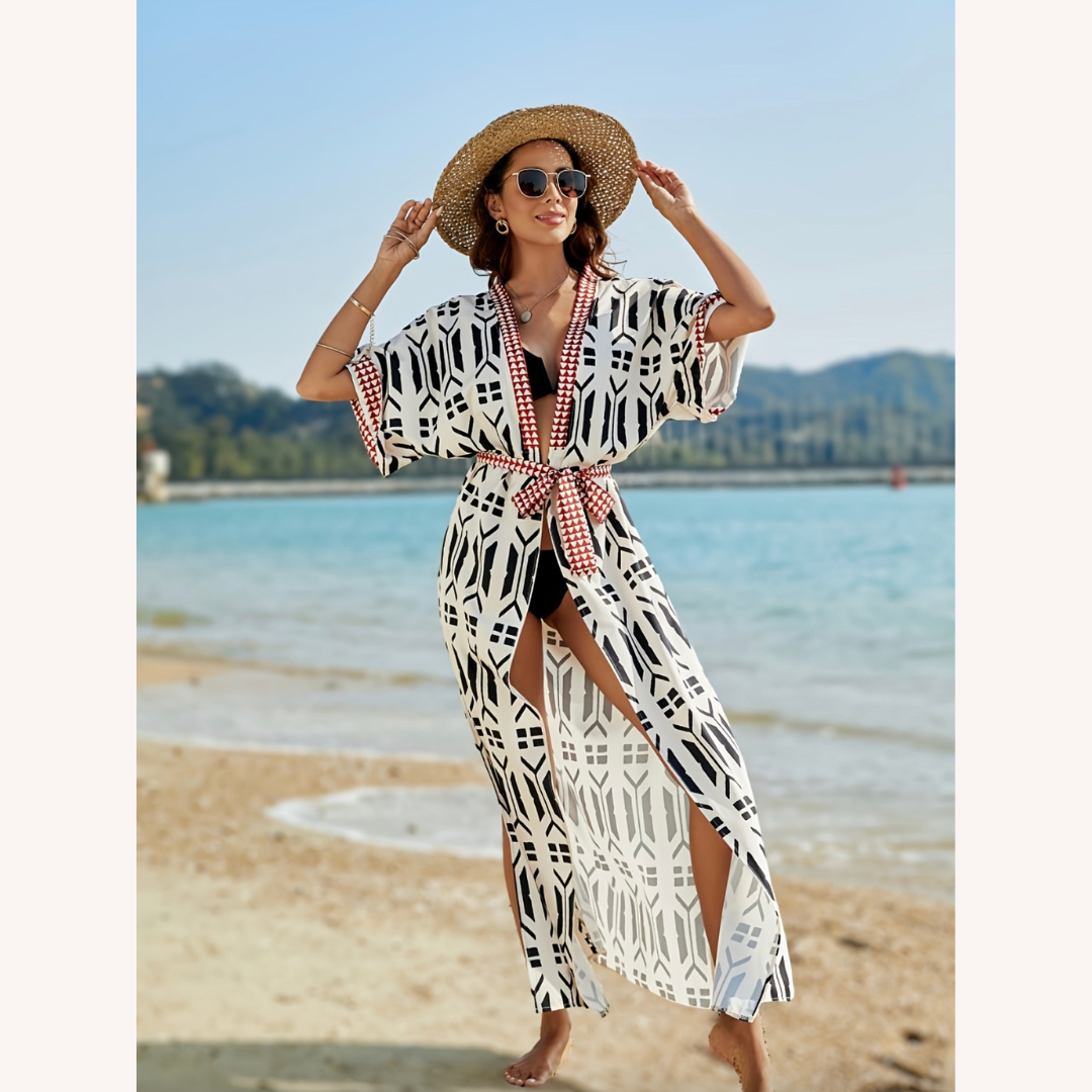Cardigan de Plage Imprimé Boho avec Détail Ceinturé – Élégance d'Été pour Femme, Manches 1/2, Polyester Léger