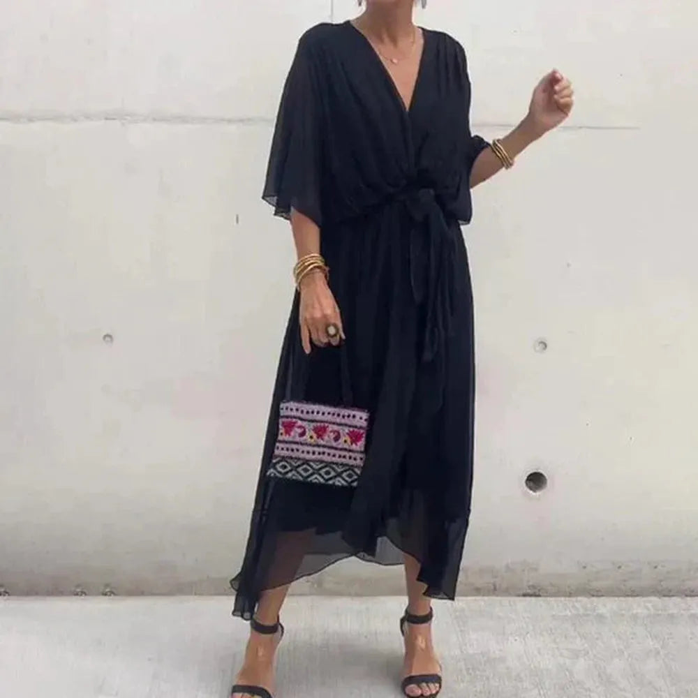 Variant image for Robe d'Été Longue Femme Chic avec Ceinture et Ourlet Asymétrique en Tissu Léger-9