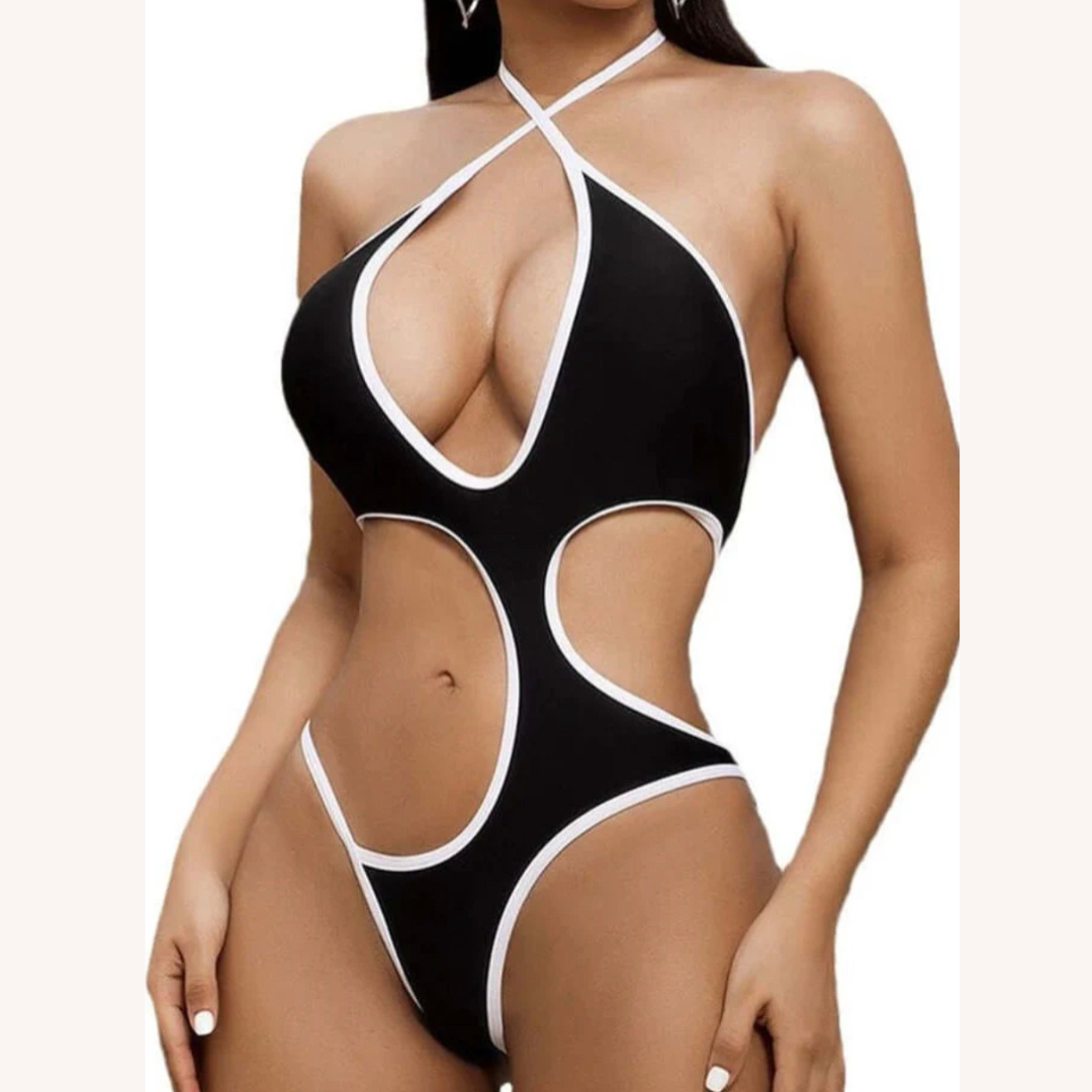 Women's One-Piece Swimsuit with Cutouts Black and White – Boho Chic Style, Soft and Durable Fabric