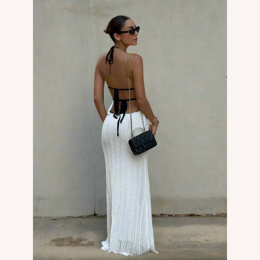 Robe Longue Femme Halter en Crochet Blanc – Élégance Été pour Mariages et Soirées