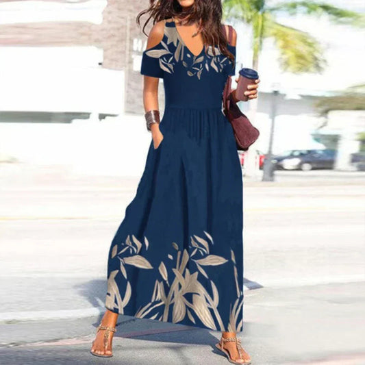 Long Pleated Women's Dress Cobalt Blue with V-Neck and Cold Shoulders - Casual Elegance