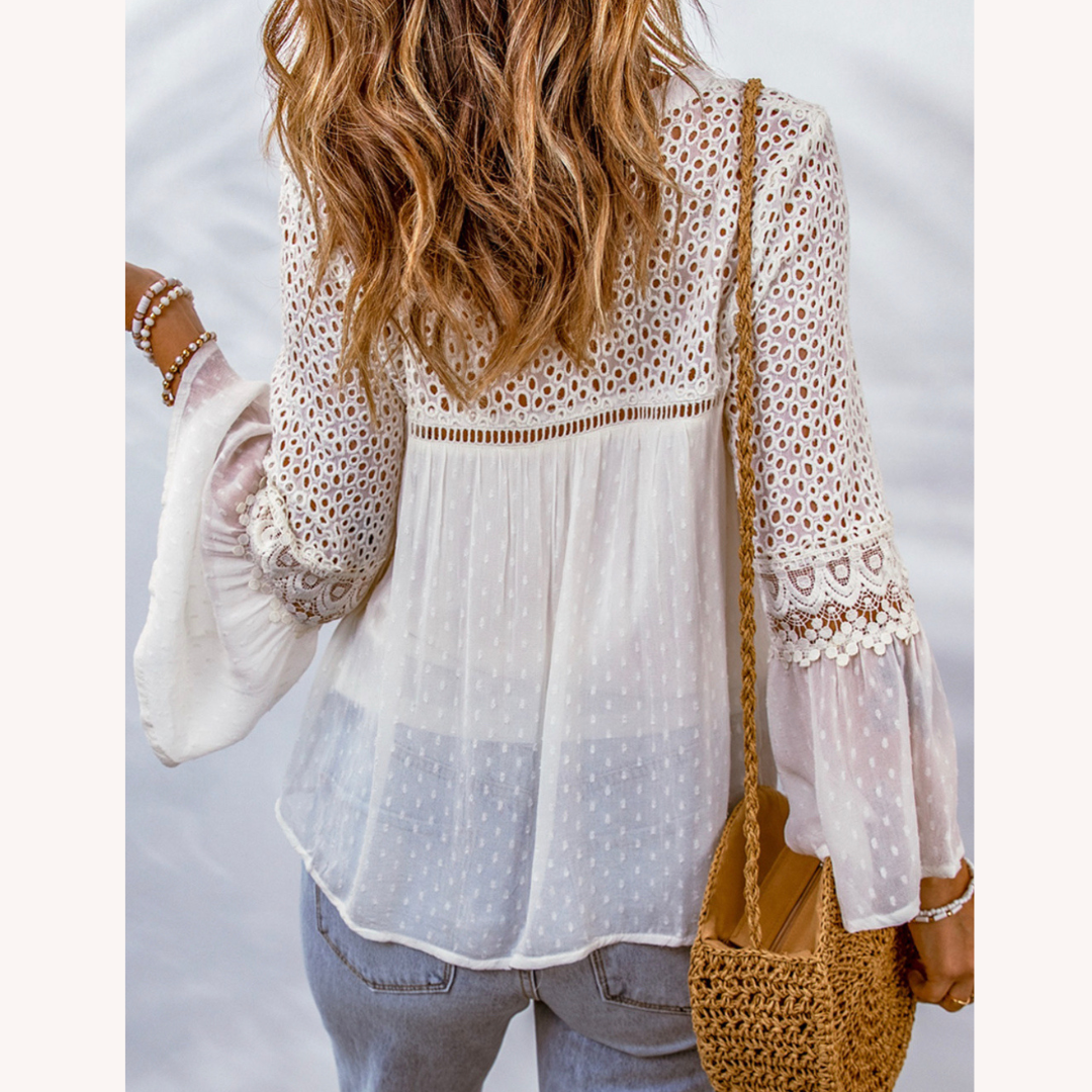 Blouse Femme en Crochet Boho Chic - Tissu Léger et Confortable pour l'Été, Coupe Décontractée, Disponible en S à XL