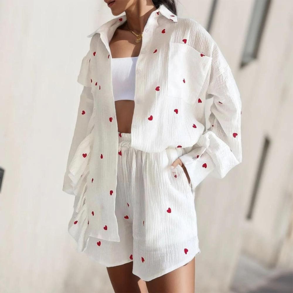 Women's Ruffled Set with Heart Print – Long Blouse and Lightweight Flowing Shorts, Breathable Fabric, Chic and Casual Style