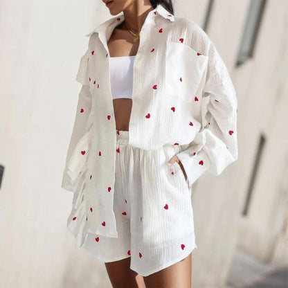 Women's Ruffled Set with Heart Print – Long Blouse and Lightweight Flowing Shorts, Breathable Fabric, Chic and Casual Style