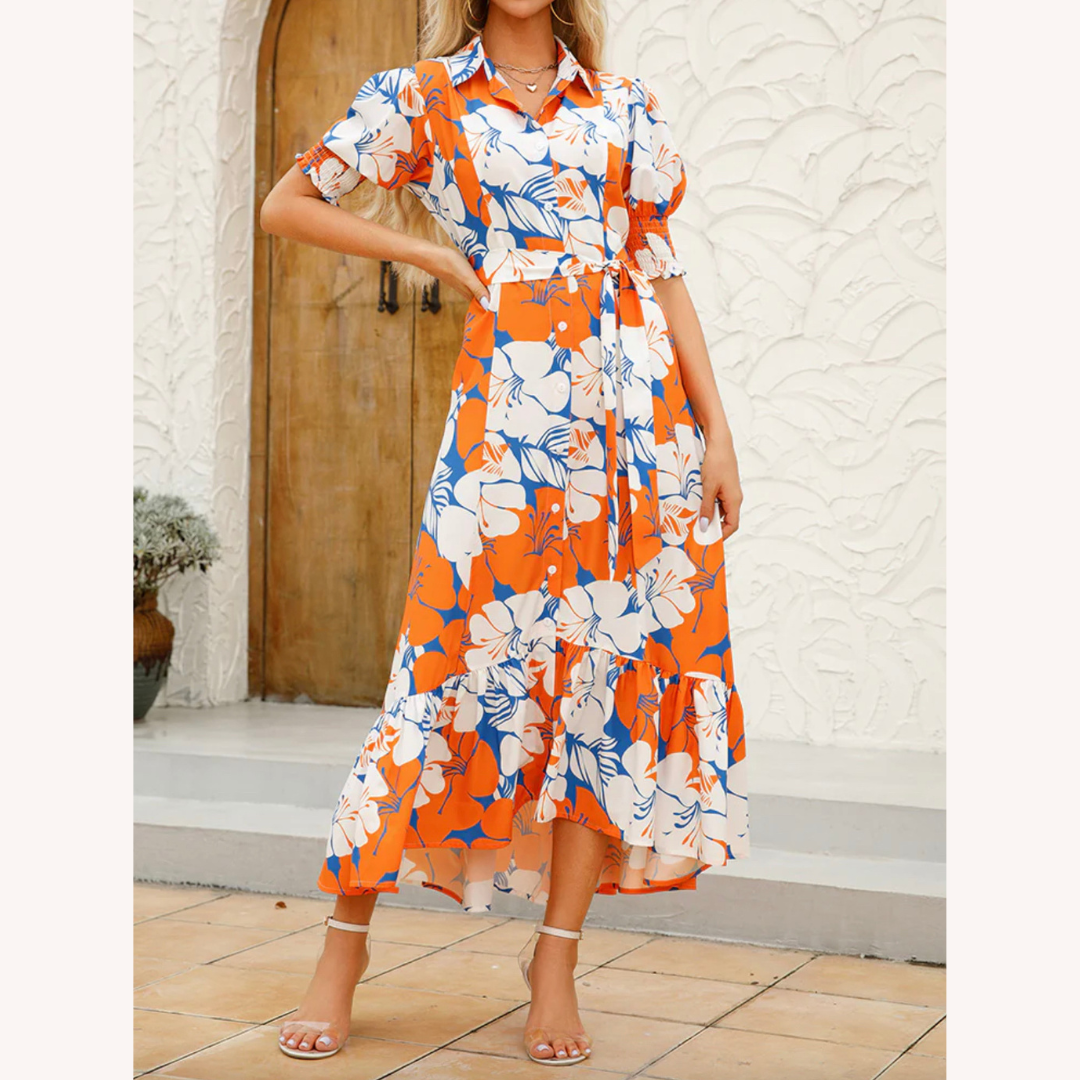 Long Women's Dress Floral Print Buttoned with Belt – Summer Elegance in Polyester
