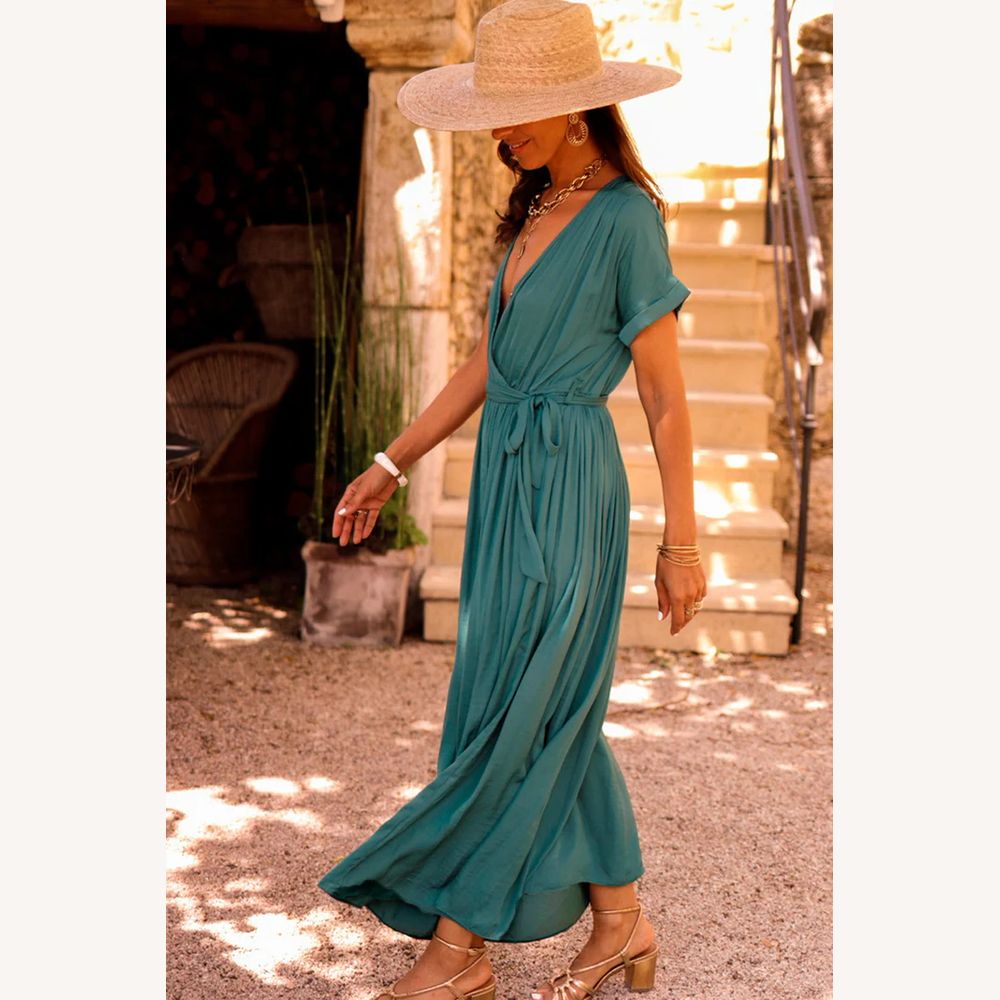 Robe Longue Plissée Femme Élégante Encolure en V Manches Courtes Vert Noirâtre - Robe de Soirée Été Chic