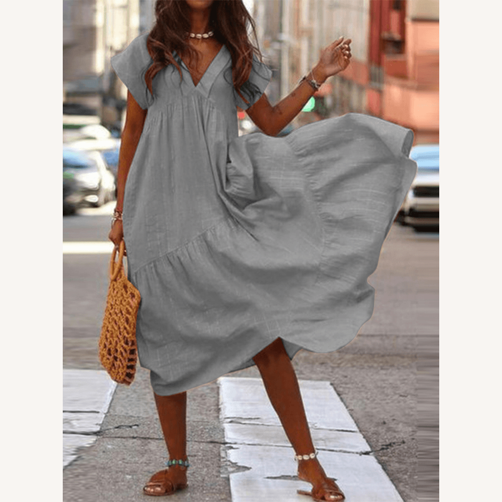 Women's Loose Long Dress with V-Neck – Lightweight Rayon and Polyester Fabric, Ideal for Casual Occasions