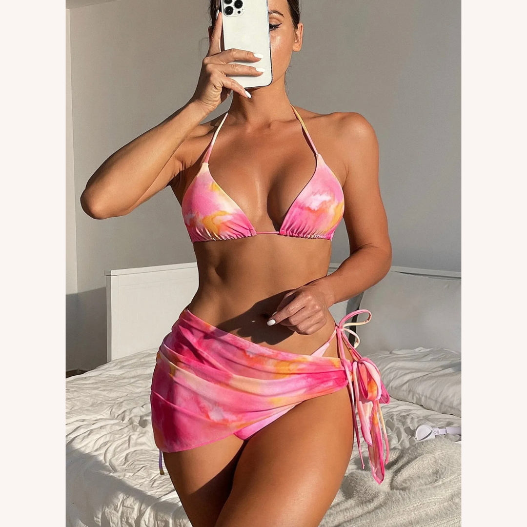 Ensemble de Maillot de Bain Femme Boho Tie-Dye en Trois Pièces avec Jupe Assortie – Confort Polyester, S, M, L