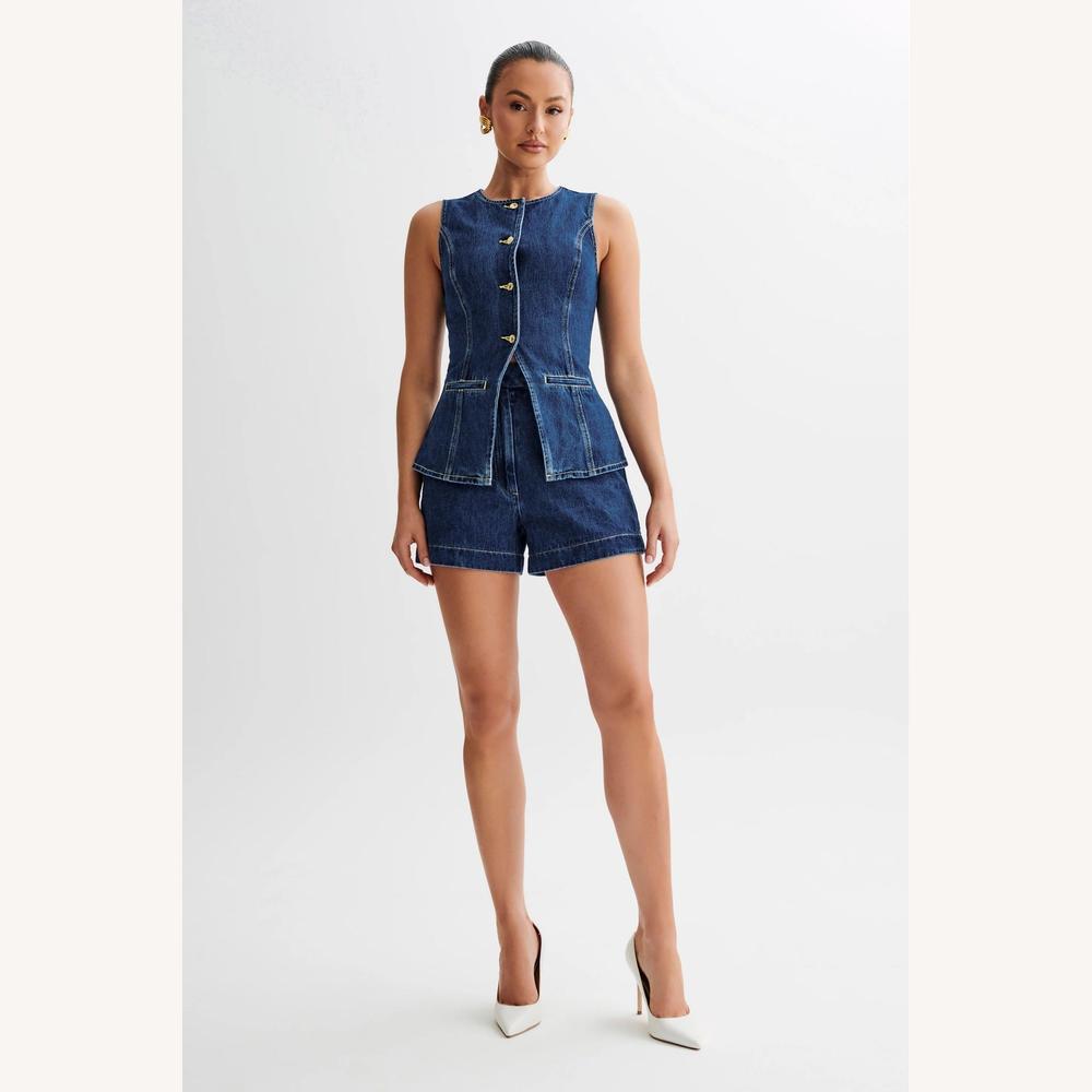 Women's Denim Set - Sleeveless Vest and High Waisted Shorts in Washed Blue Denim, Vintage Casual-Chic Style