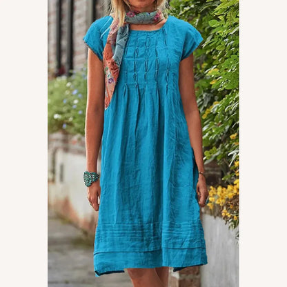 Women's Casual Short Sleeve Solid Patchwork Dress with U-Neckline – Elegant and Comfortable